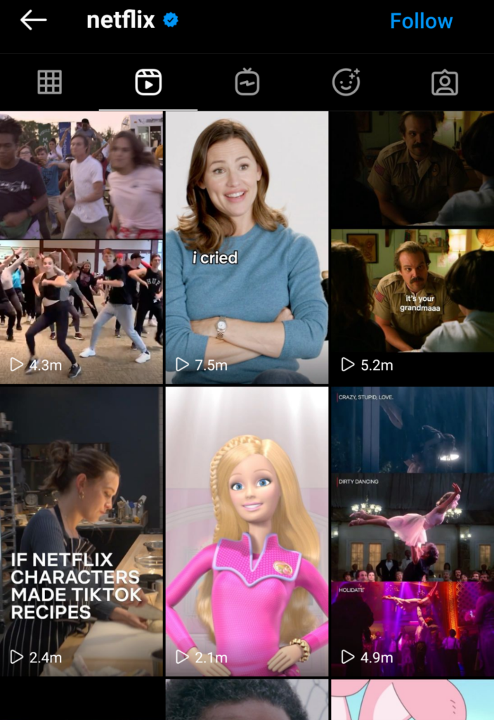 Image shows the success of the recent Reels from the Netflix account